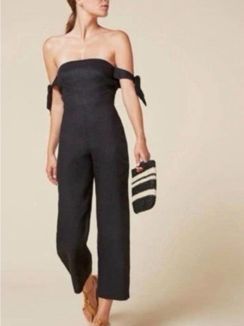 Reformation Black Tie-Shoulder Square-Neck Jumpsuit, Cropped Flare - Picture 3 of 13